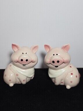 Vintage Pink Polka Dot Pig George Good Ceramic Salt & Pepper Shakers - Korea
